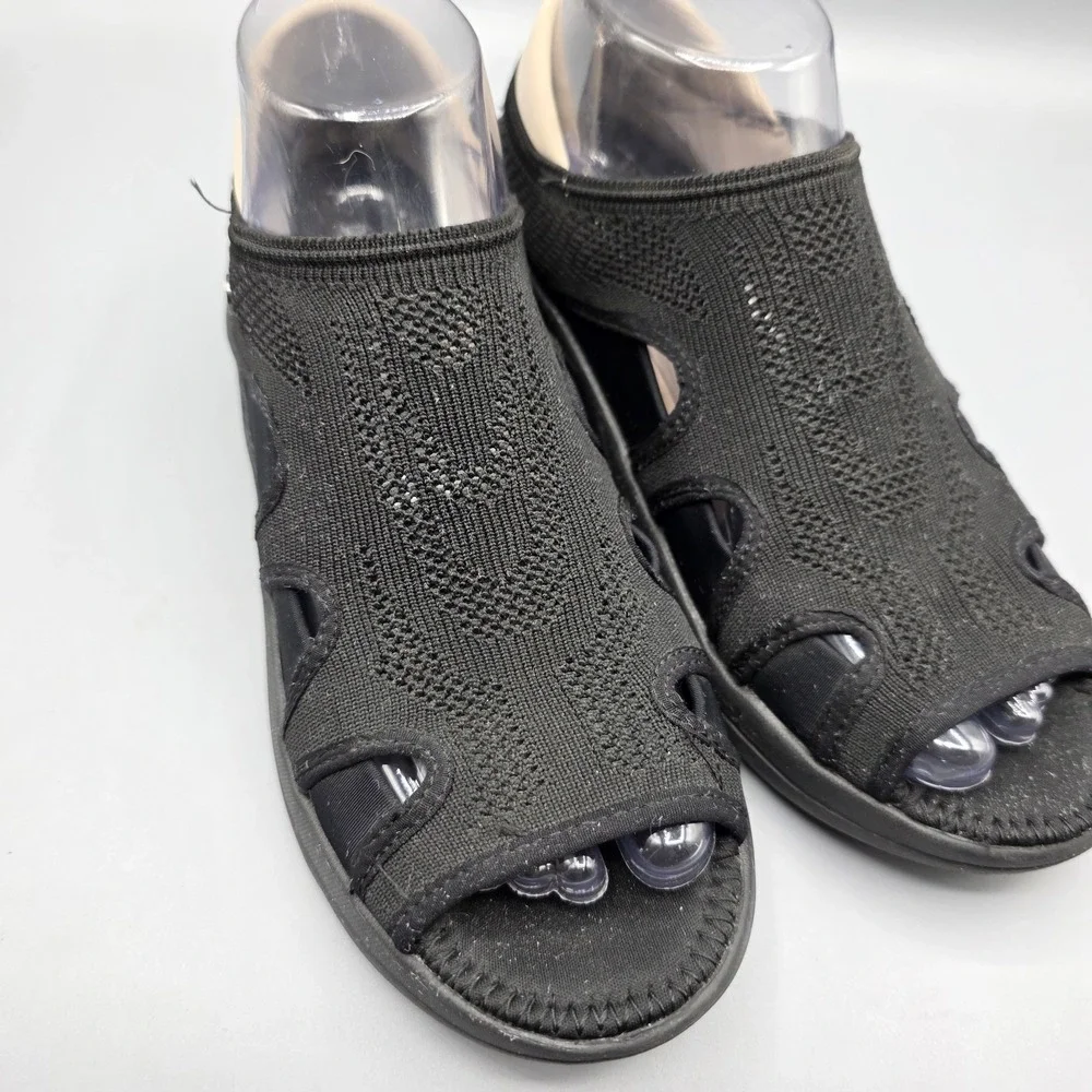 Bzees Resort‎ Sandals Womens 8 WIDE Black Stretch Wedge Heels Open Toe Casual